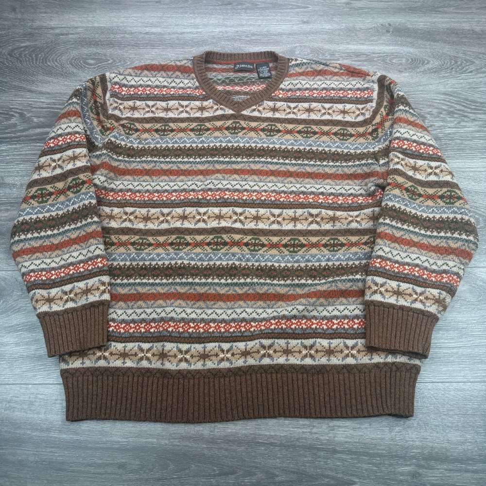Vintage St Johns Bay Sweater Mens XL Brown Fair Isle Nordic Lambswool Blend 90s